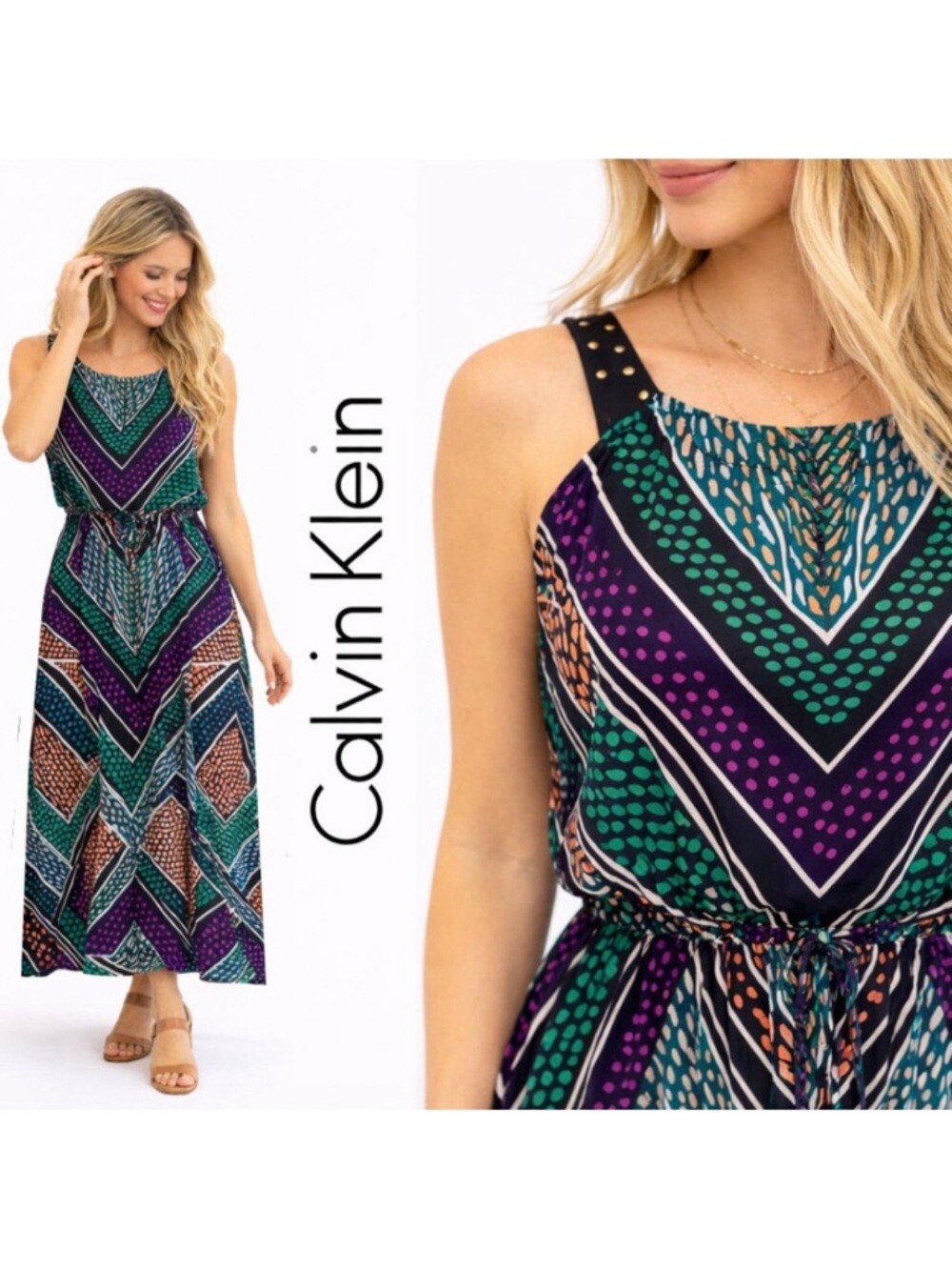 Calvin Klein Maxi Dress Resort Stretch Boho Multicolour Size Medium